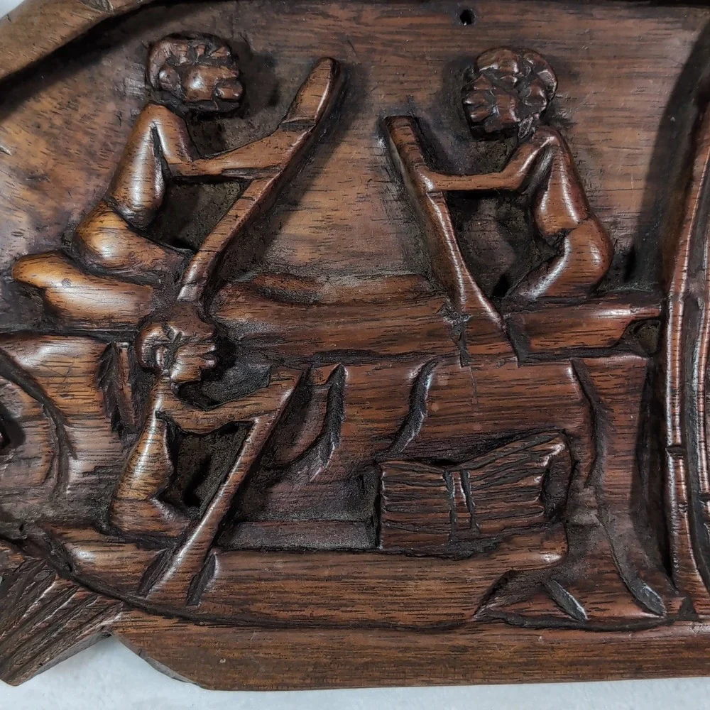 Hand Carved Wood Fishing Scene Wall Art – Primitive Tribal Relief Plaque – Boho